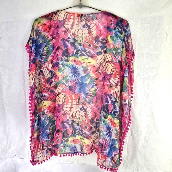 VENUS Brilliant Tropical sheer Duster Cover up Sz M Hot pink Pom Pom Trim - Picture 8 of 8